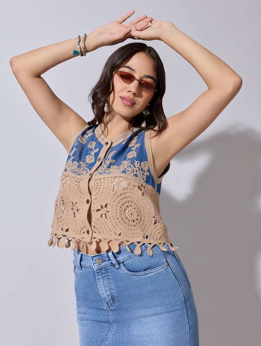 women self designed sheer crochet top