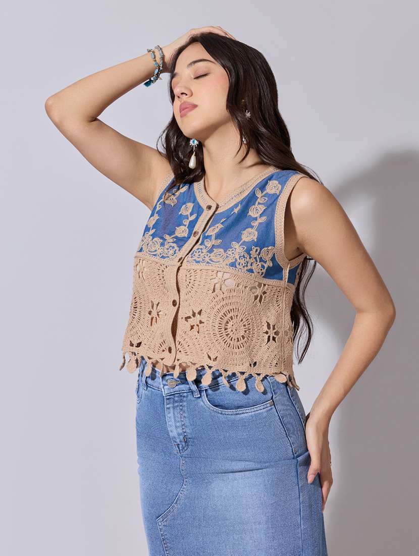 women self designed sheer crochet top - 22363439 -  Standard Image - 3