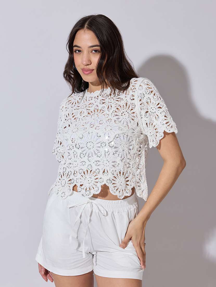 women self designed sheer crochet top - 22363444 -  Standard Image - 3