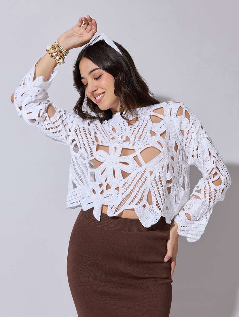 women self designed long sleeve crochet crop top