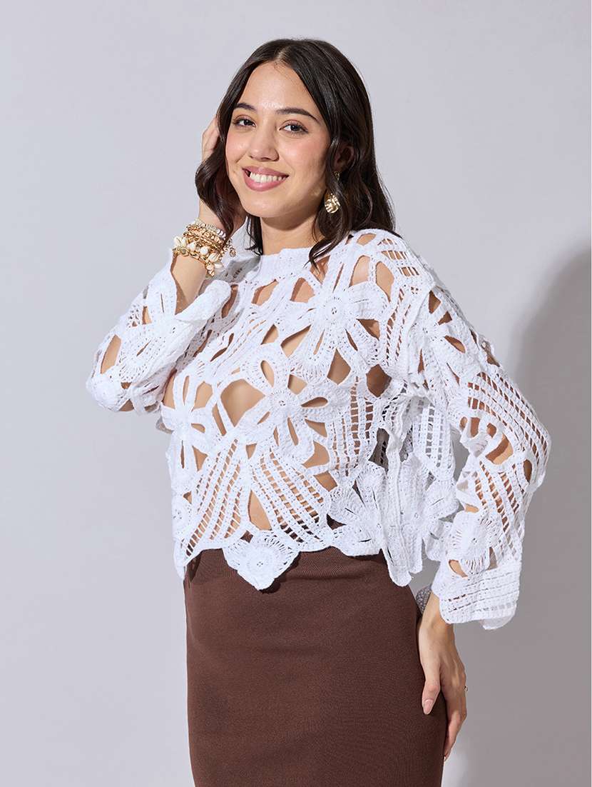 women self designed long sleeve crochet crop top - 22363445 -  Standard Image - 3