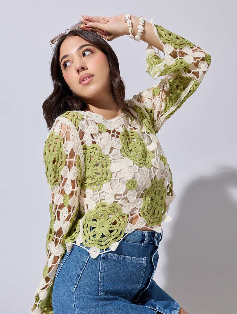 women self designed sheer crochet crop top