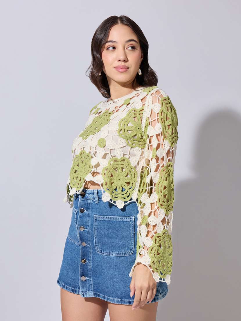 women self designed sheer crochet crop top - 22363449 -  Standard Image - 3