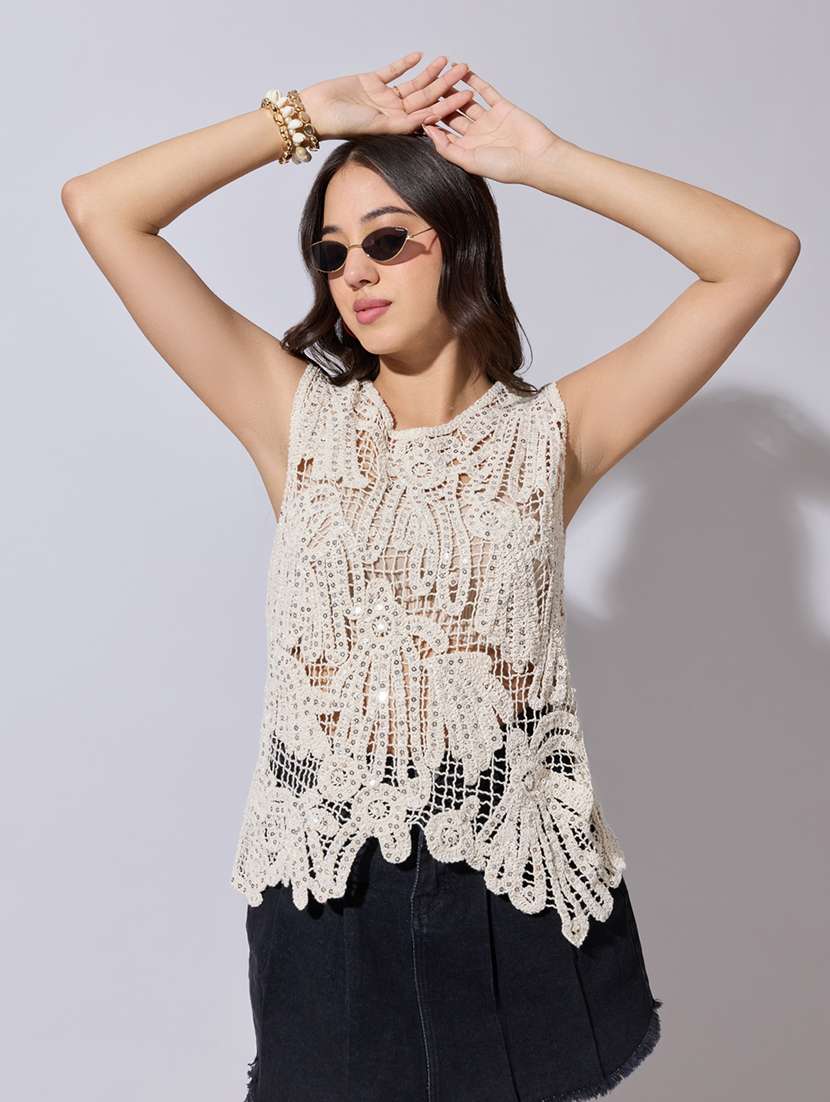 women self designed sheer crochet top