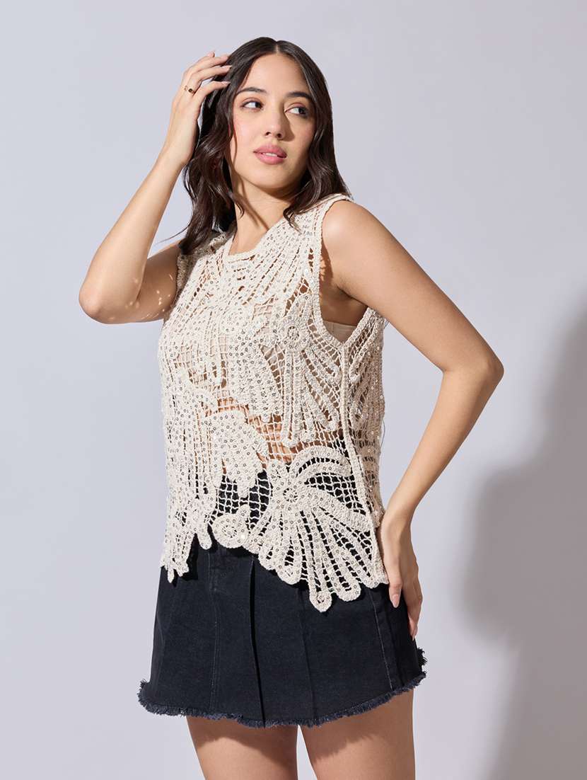 women self designed sheer crochet top - 22363456 -  Standard Image - 3