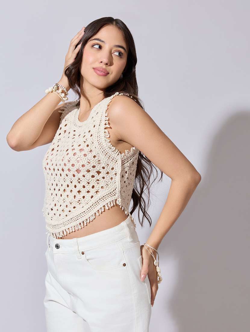 women self designed sheer crochet crop top - 22363462 -  Standard Image - 3