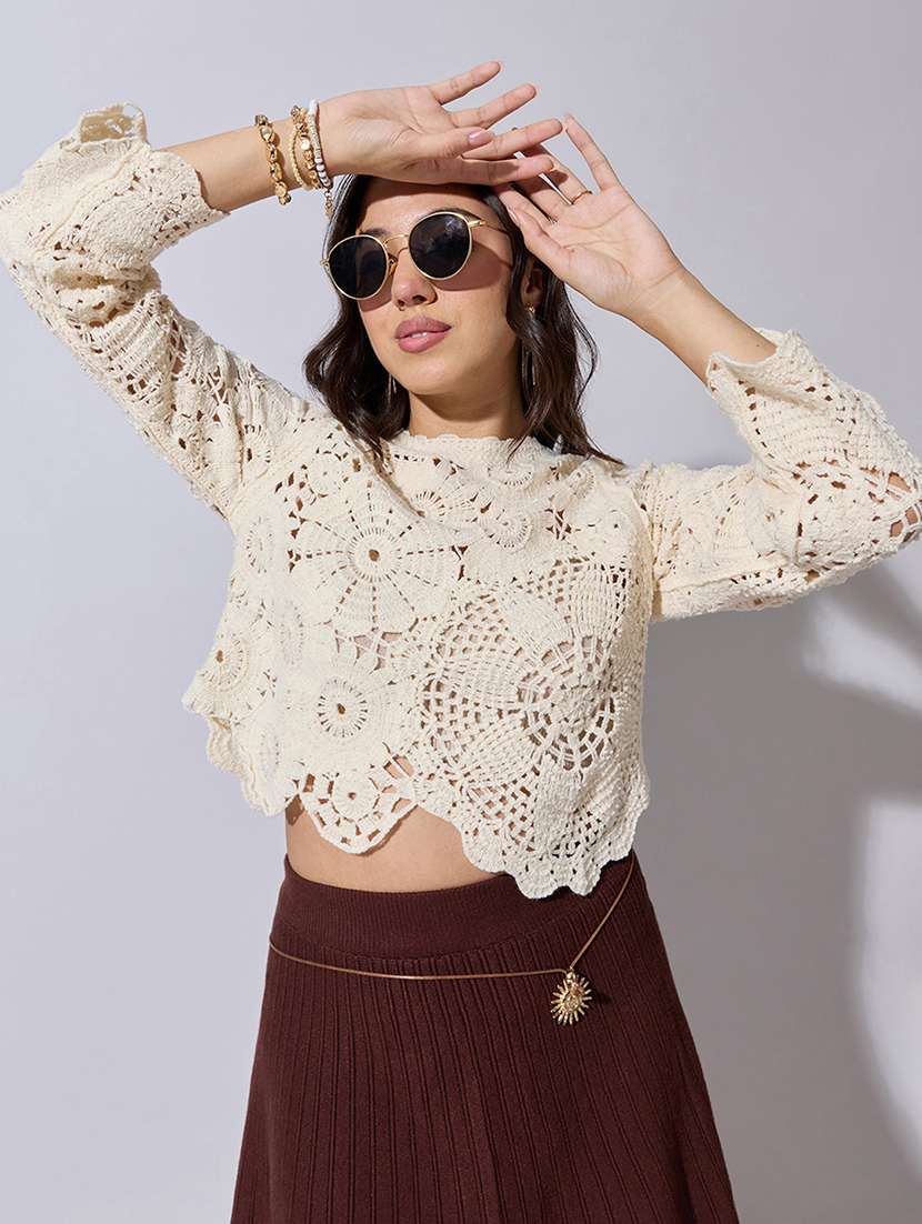 women self designed sheer crochet crop top