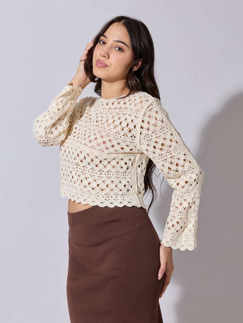 women self designed sheer crochet crop top - 22363464 -  Standard Image - 3