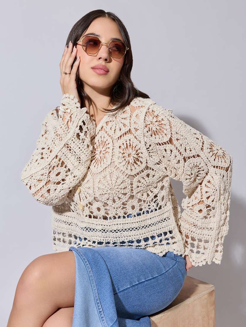 women self designed sheer crochet top