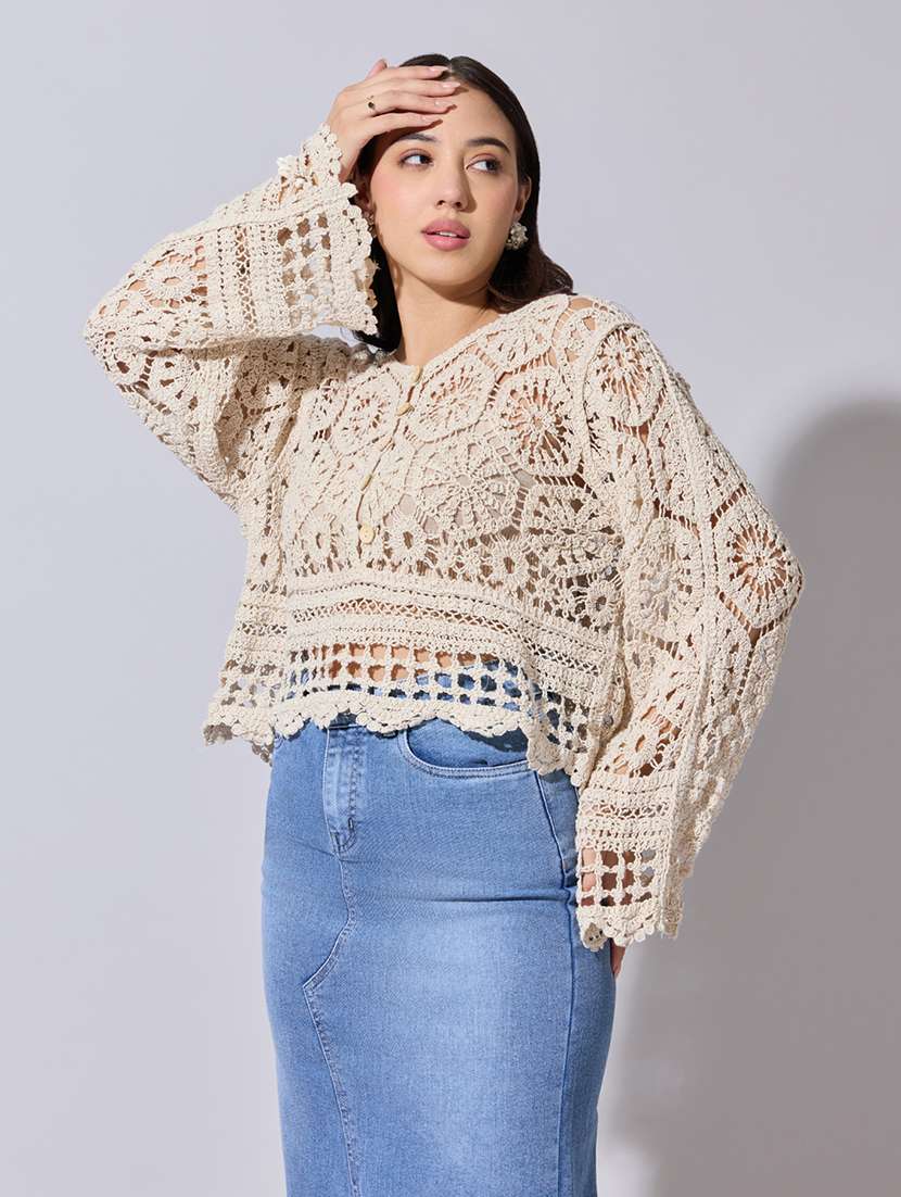 women self designed sheer crochet top - 22363465 -  Standard Image - 3