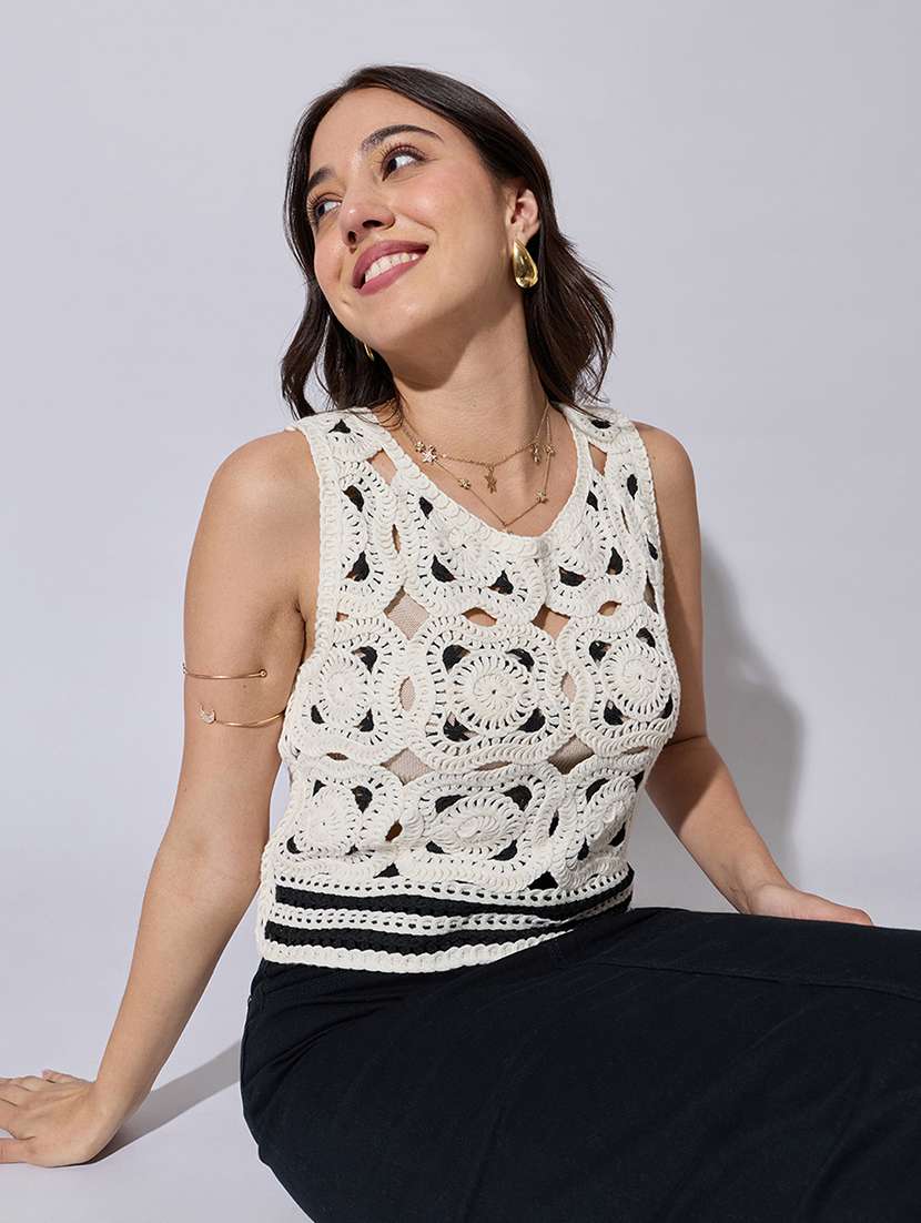 women self designed sheer crochet crop top