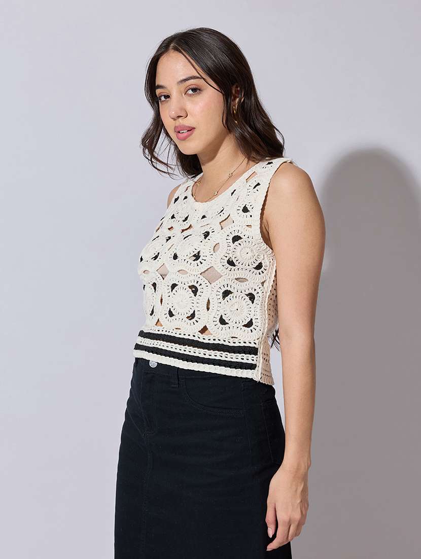 women self designed sheer crochet crop top - 22363466 -  Standard Image - 3