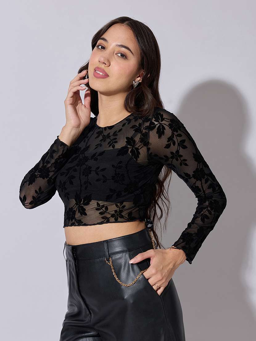 women self designed long sleeve crop top - 22363472 -  Standard Image - 3