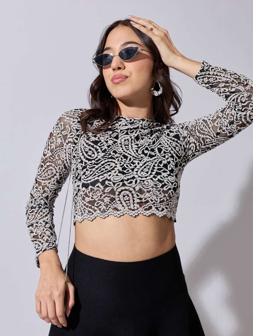 women self designed long sleeve lace crop top