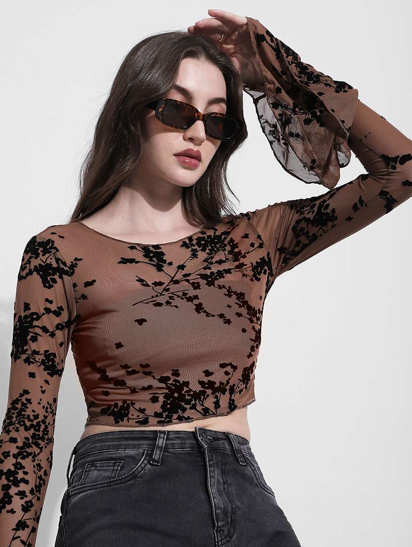 women self designed bell sleeve crop top