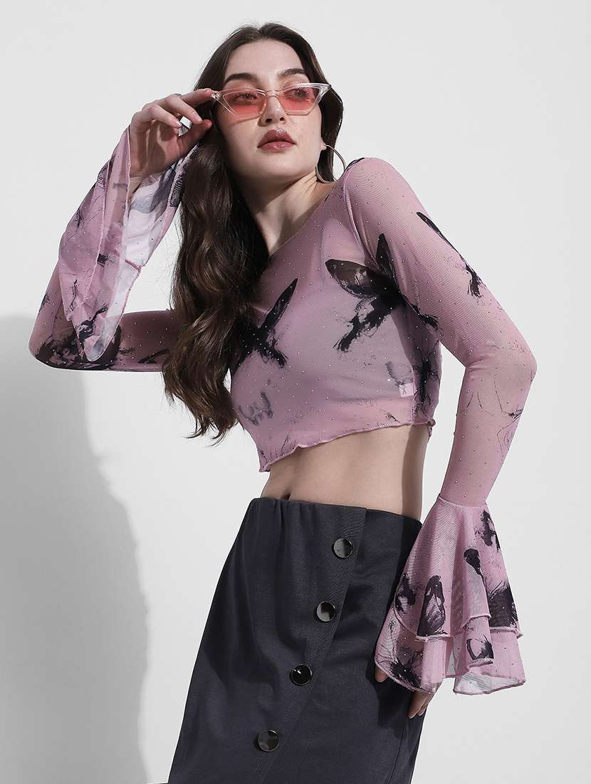 women printed bell sleeve crop top