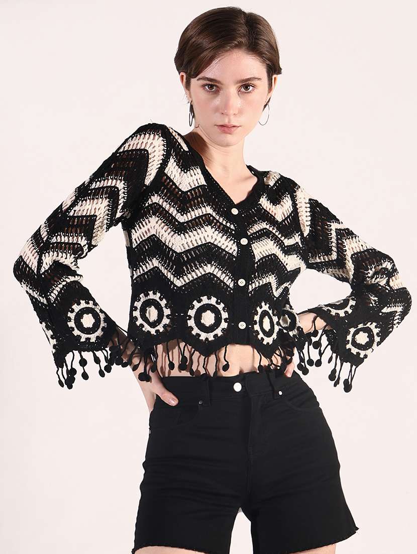 women self designed sheer crochet top