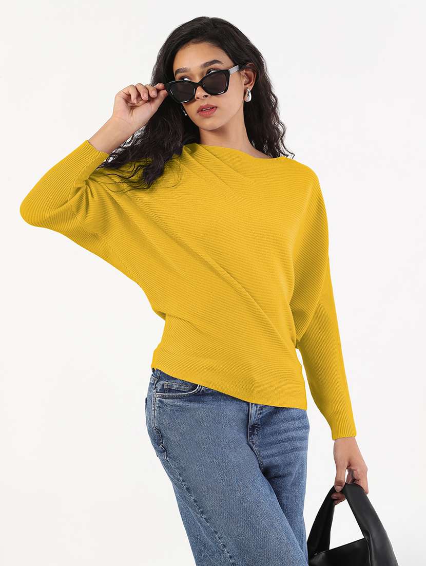 women solid batwing sleeve straight top