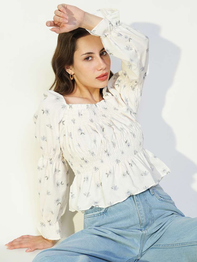 women printed long sleeve peplum top