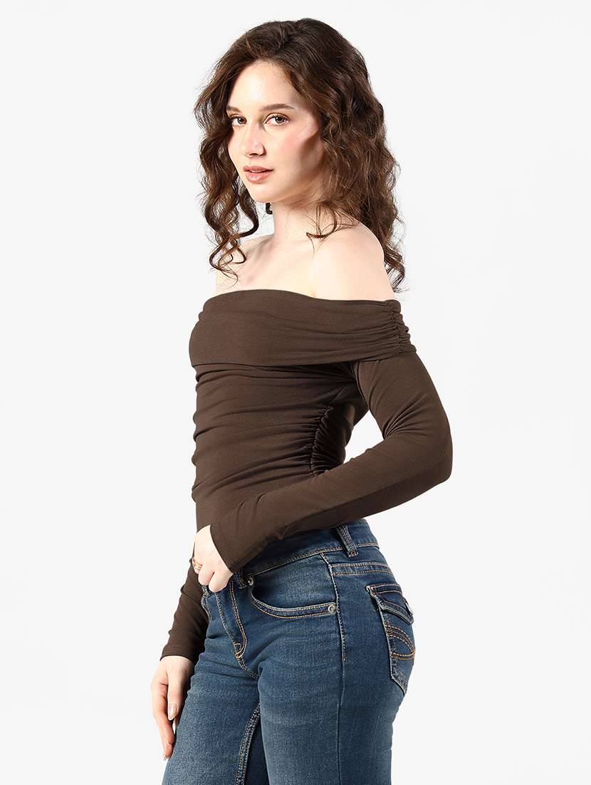 women solid off shoulder long sleeve top - 22363494 -  Standard Image - 3