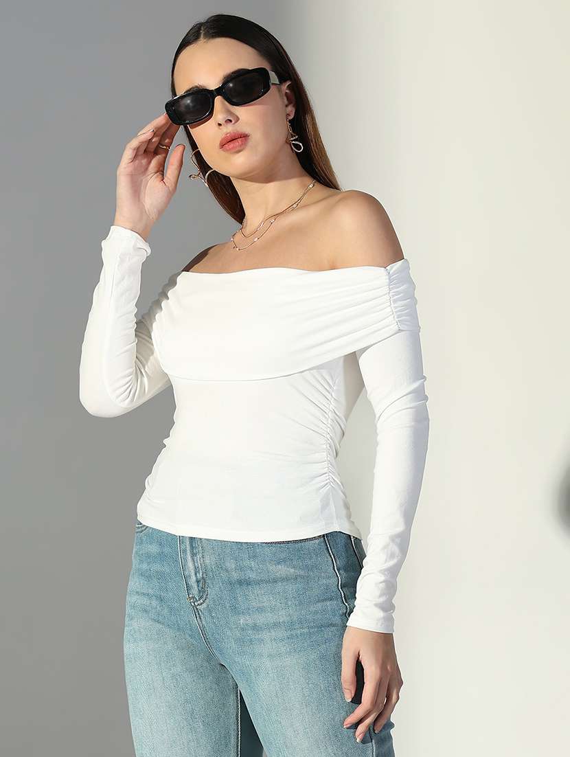 women solid off shoulder long sleeve top - 22363495 -  Standard Image - 3