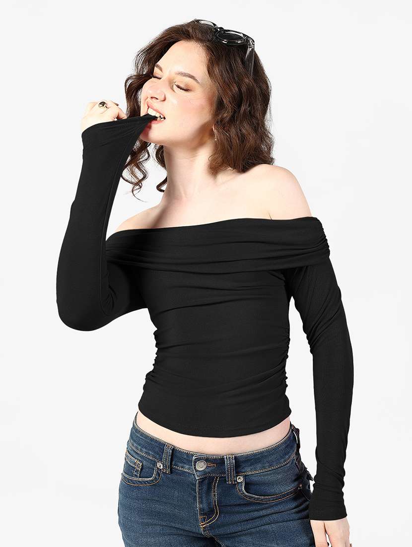 women solid off shoulder long sleeve top