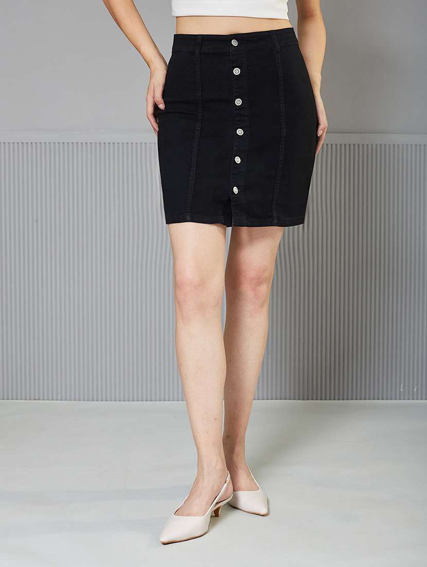 women solid high rise denim skirt
