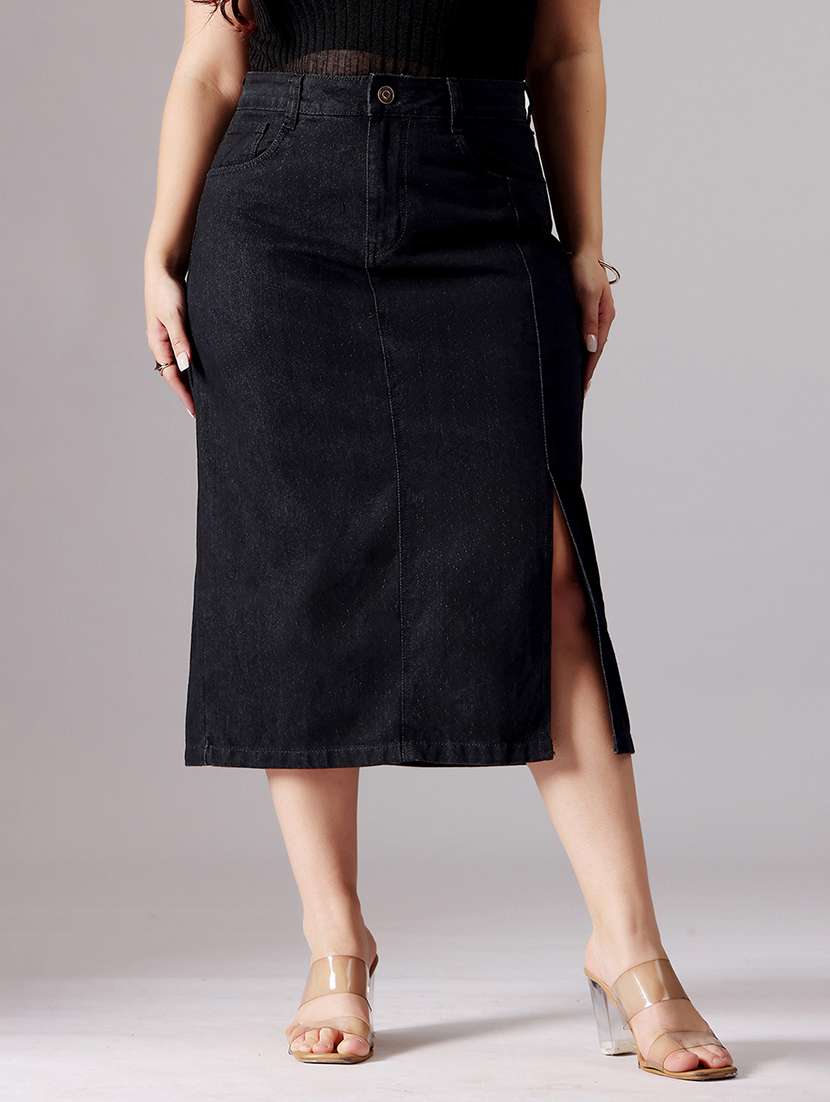 women solid high rise denim straight skirt