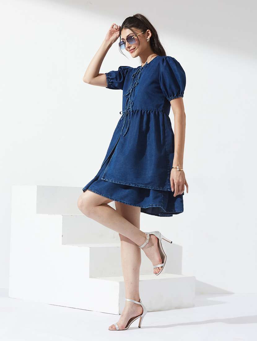 women solid puff sleeve denim tiered dress - 22363548 -  Standard Image - 3