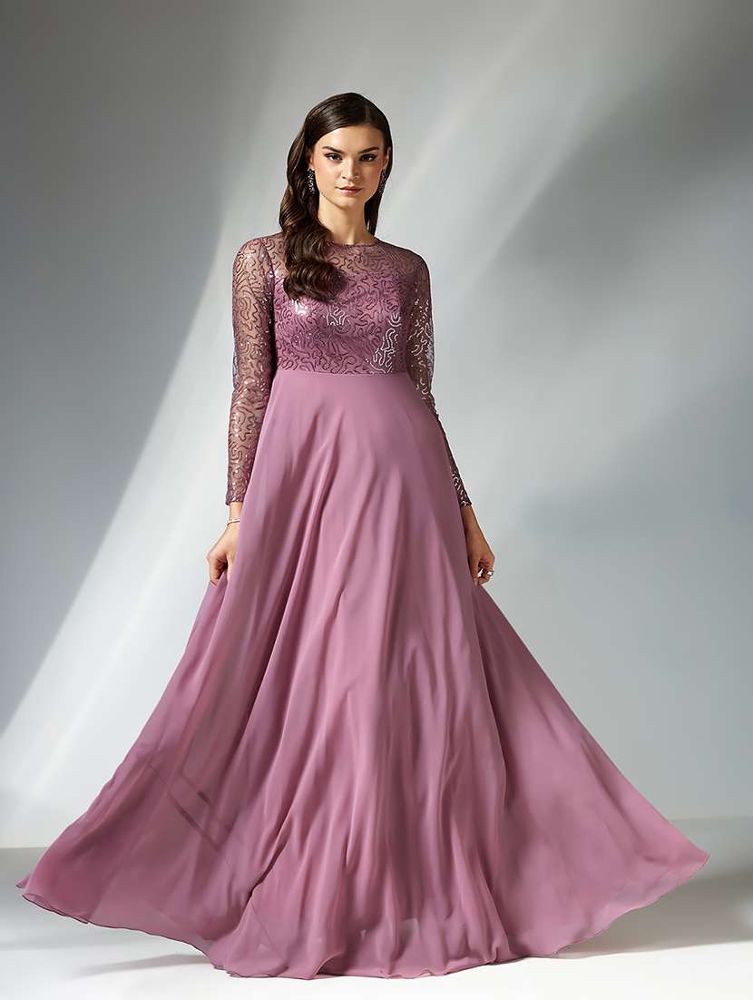women self designed long sleeve lace fit & flare dress