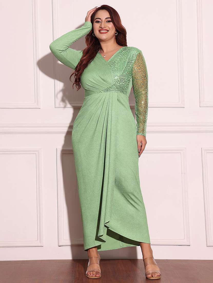 women plus size sequined long sleeve wrap dress