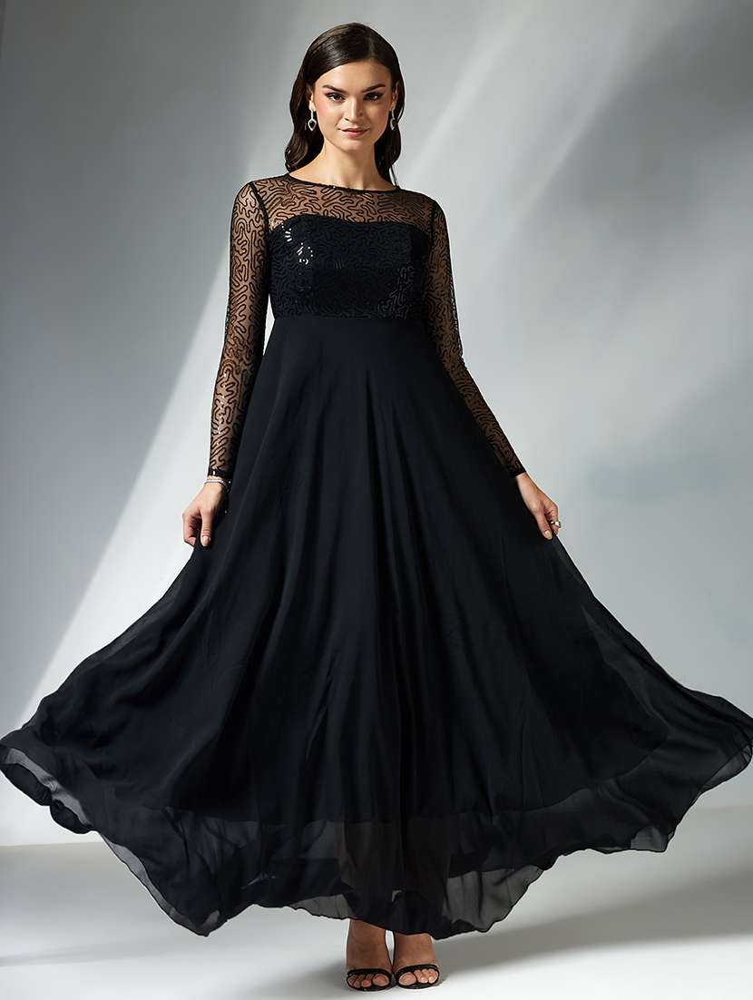 women embellsihed long sleeve fit & flare dress