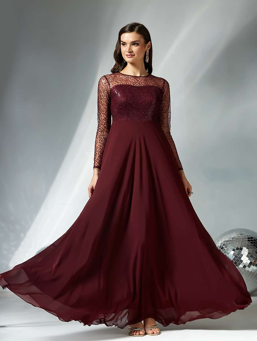 women embellished long sleeve fit & flare dress