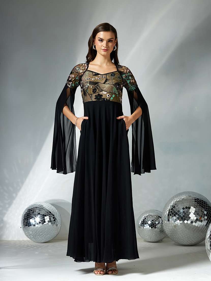 women embellished cape sleeve fit & flare dress