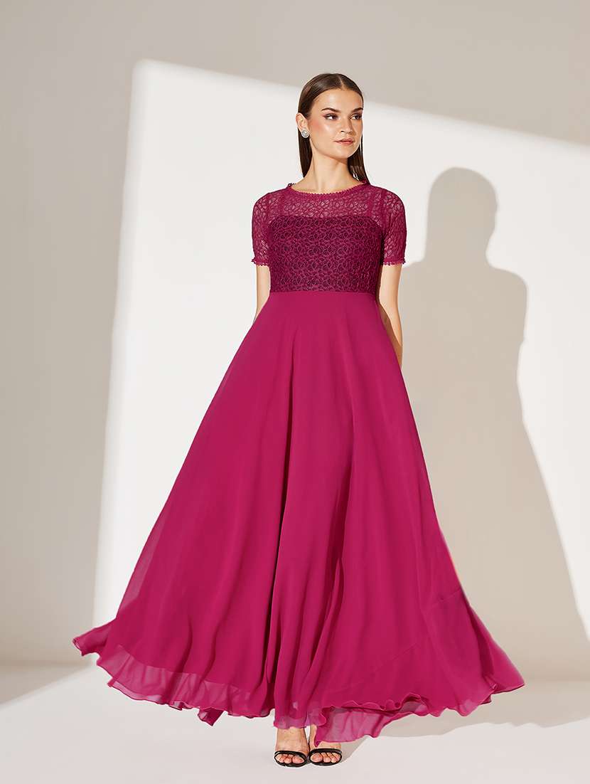 women solid short sleeve lace fit & flare dress