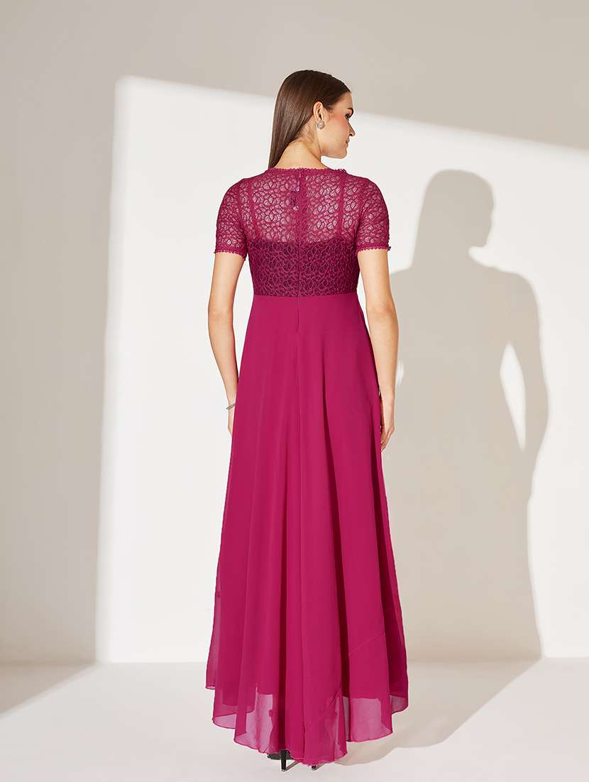 women solid short sleeve lace fit & flare dress - 22363685 -  Standard Image - 3