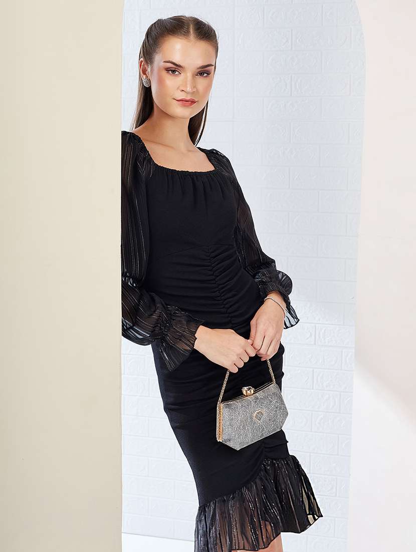 women solid puff sleeve bodycon dress - 22363689 -  Standard Image - 3