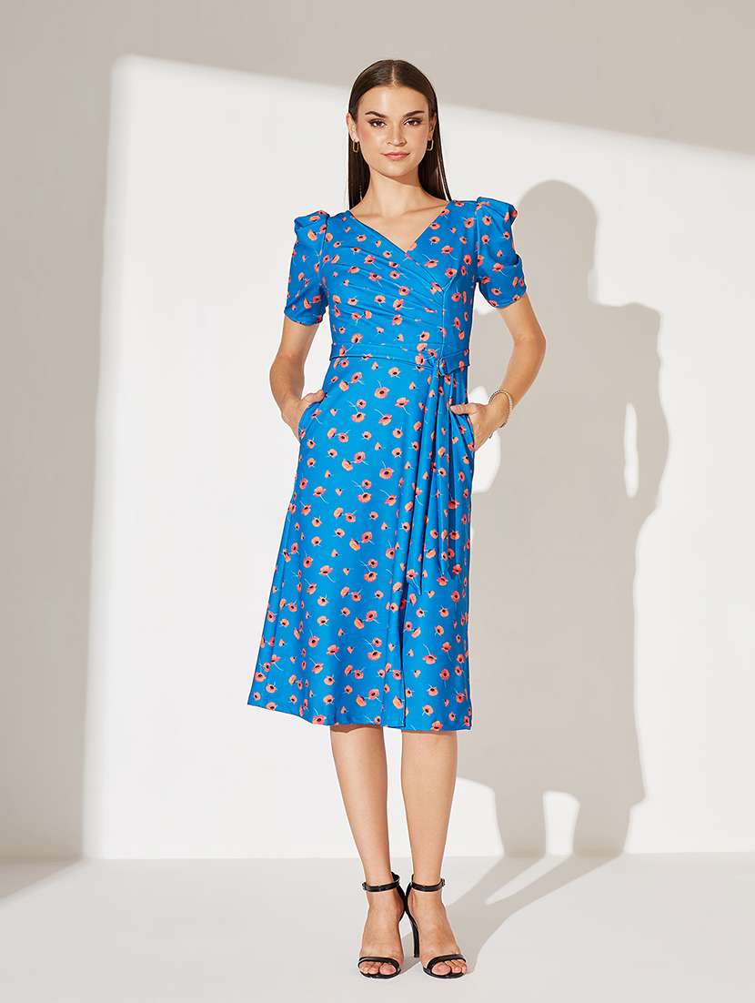 women foral print puff sleeve wrap dress