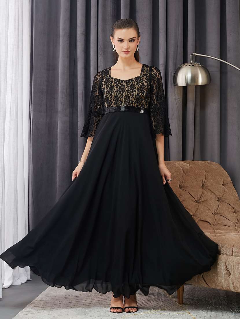 women solid bell sleeve lace fit & flare dress