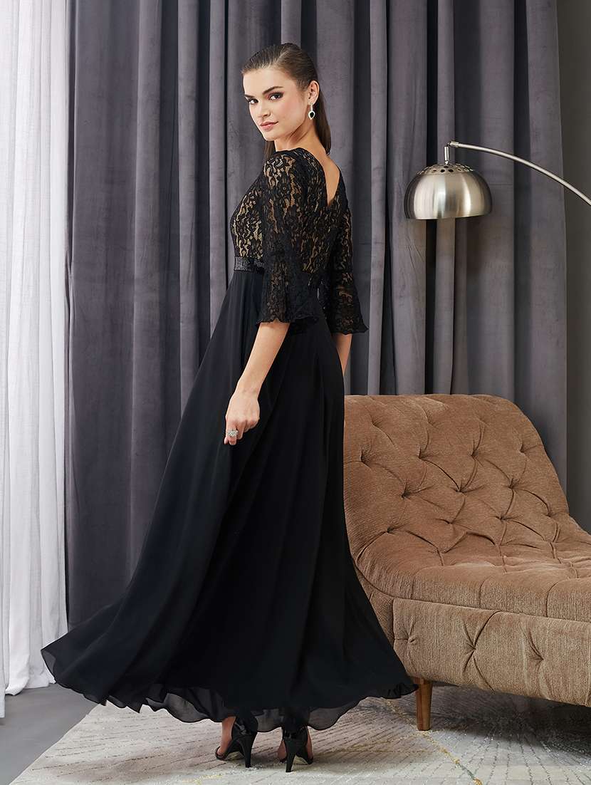 women solid bell sleeve lace fit & flare dress - 22363701 -  Standard Image - 3