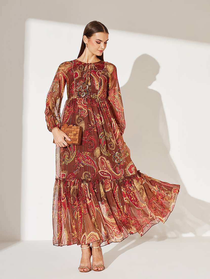 women printed puff sleeve tiered dress