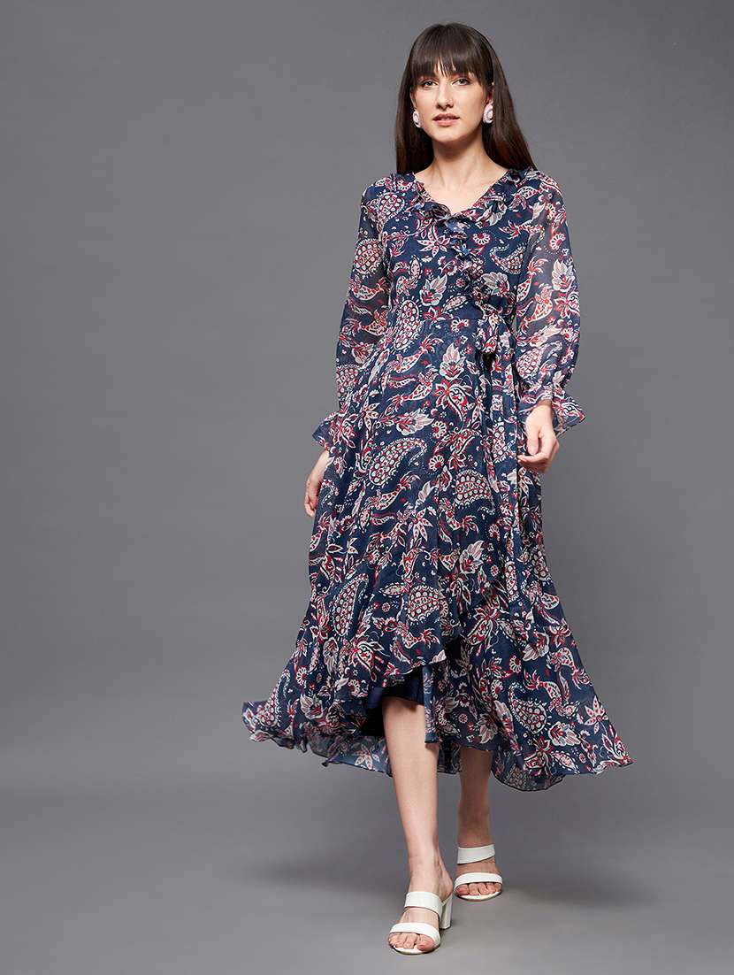 women paisley print long sleeve wrap dress