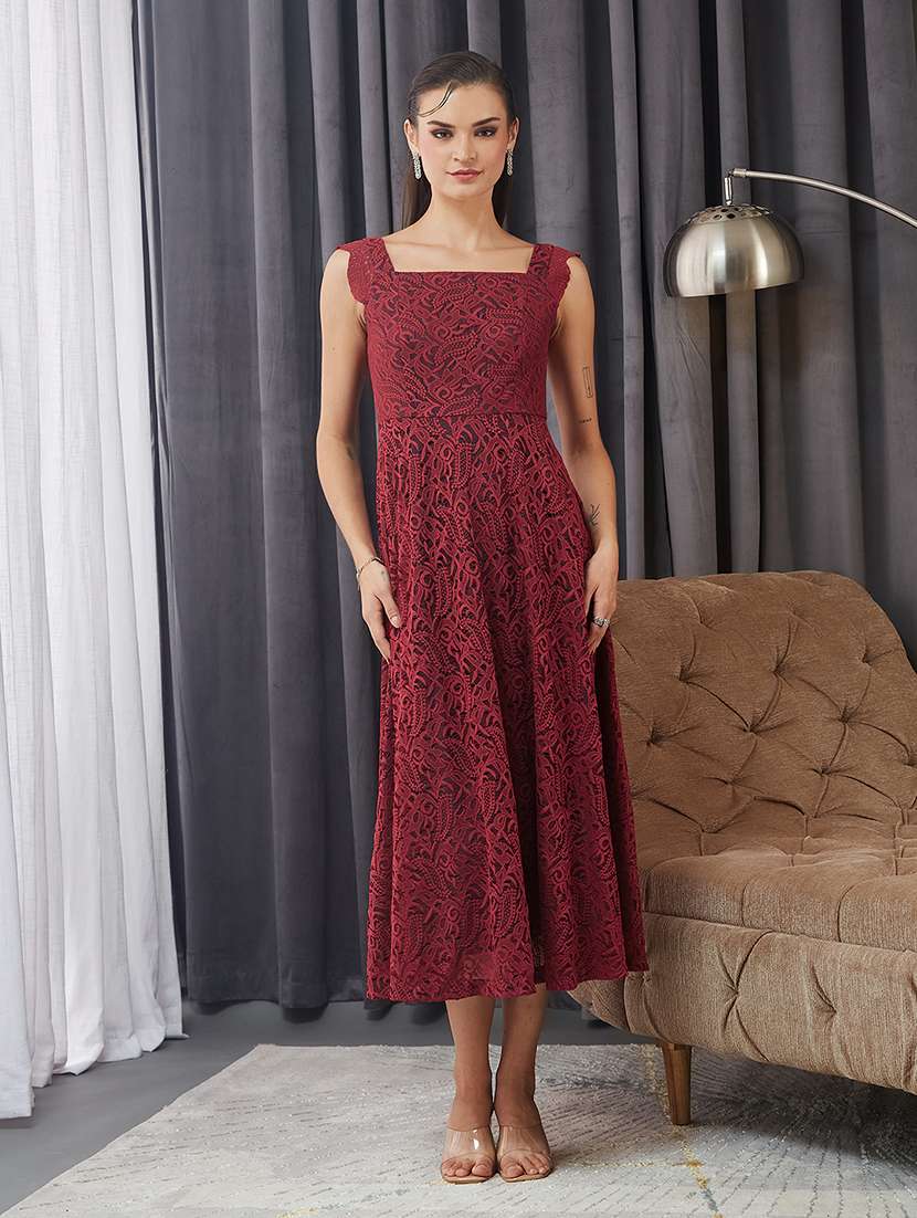 women solid sleeveless lace fit & flared dress