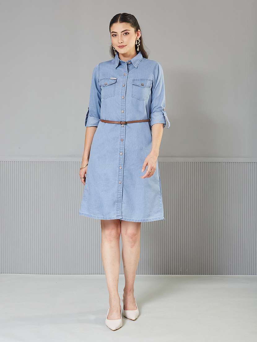 women solid roll-up sleeve denim shirt dress