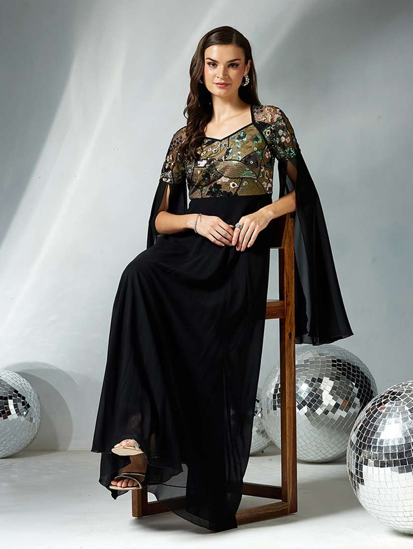 women embroidered cape sleeve fit & flare dress