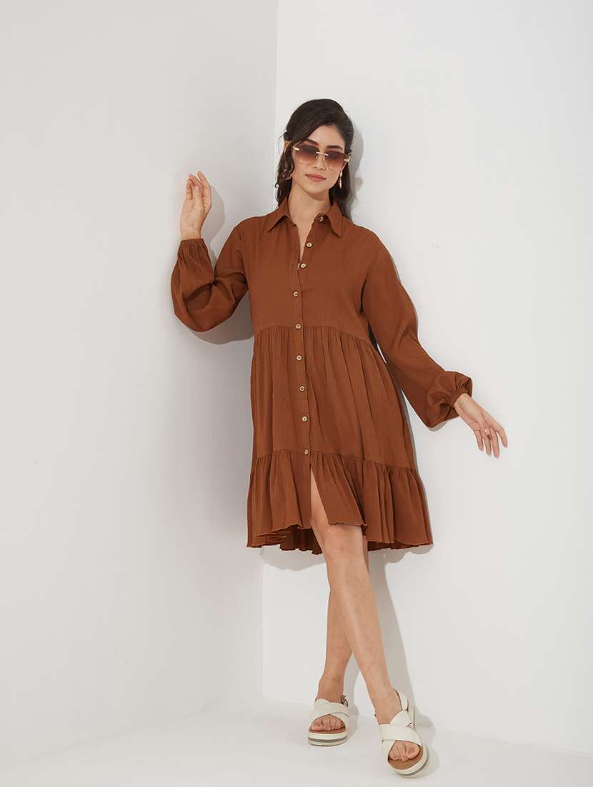 women solid collared long sleeve tiered dress