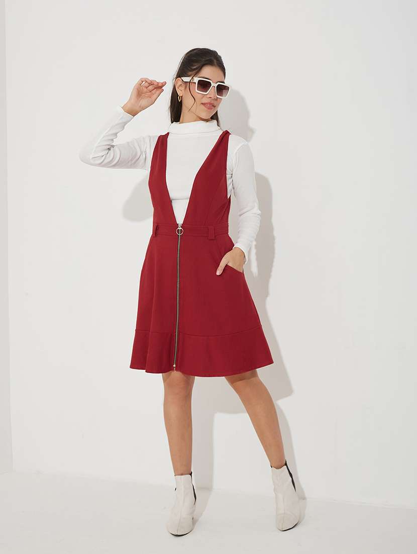 women solid sleeveless dungaree dress