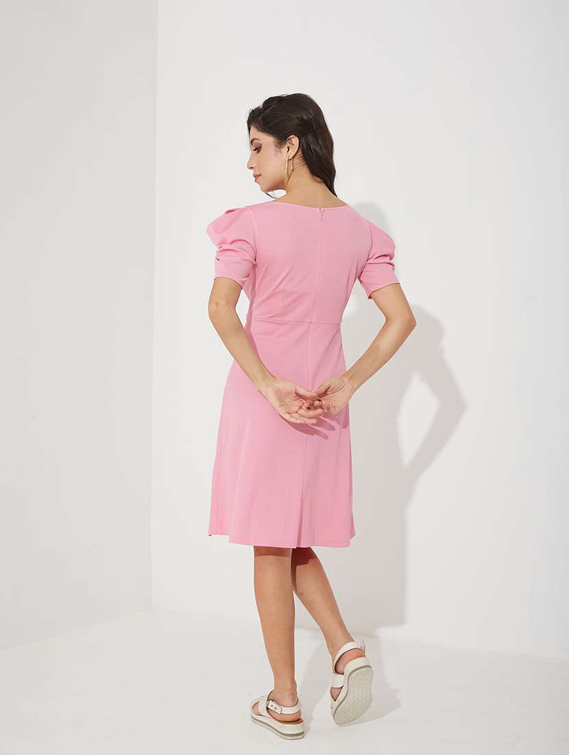 women solid puff sleeve a-line dress - 22363835 -  Standard Image - 3