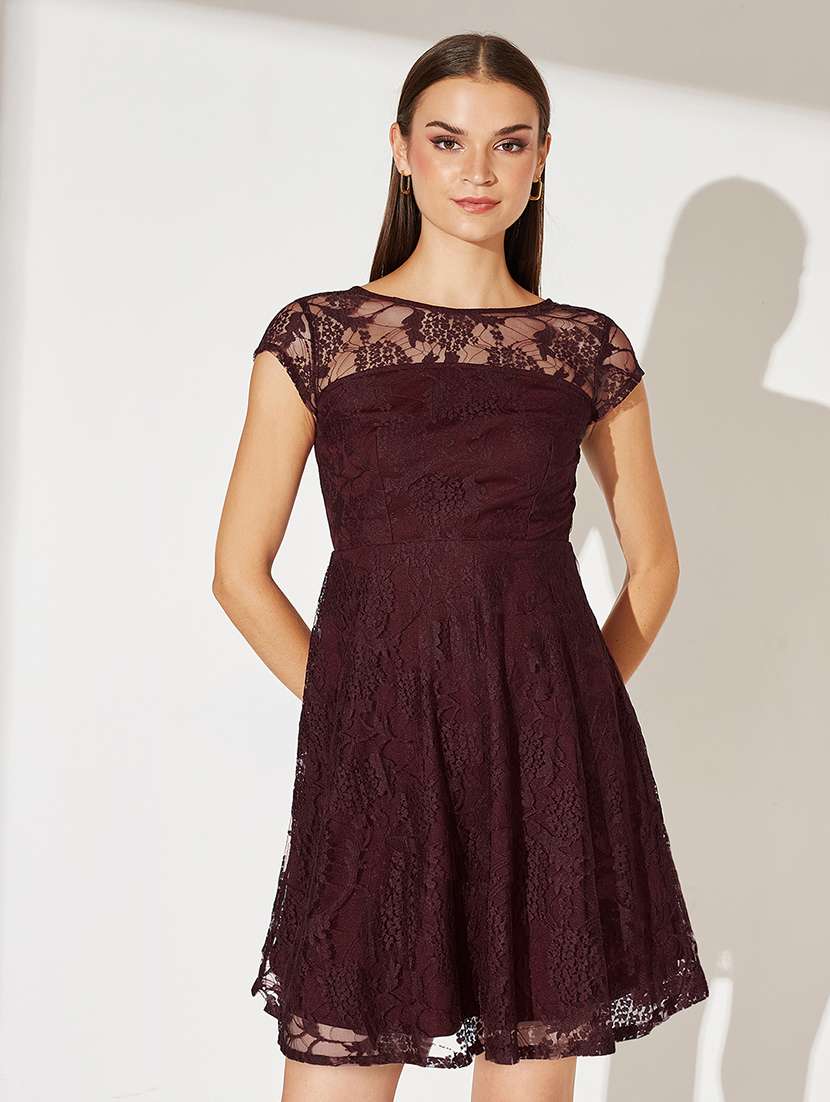 women self designed short sleeve lace fit & flare dress