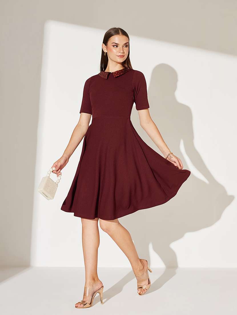 women solid short sleeve fit & flare dress